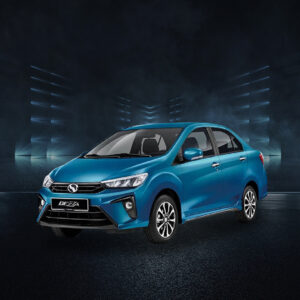 Blue Perodua Bezza sedan in studio with futuristic dark background, front-side view.