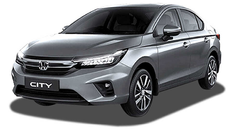 Grey Honda City 2023 sedan, front three-quarter view with LED headlights and alloy wheels.