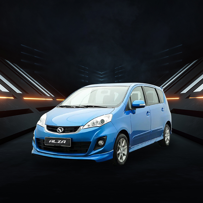 Blue Perodua Alza MPV with sporty body kit and alloy wheels, studio front-side view.