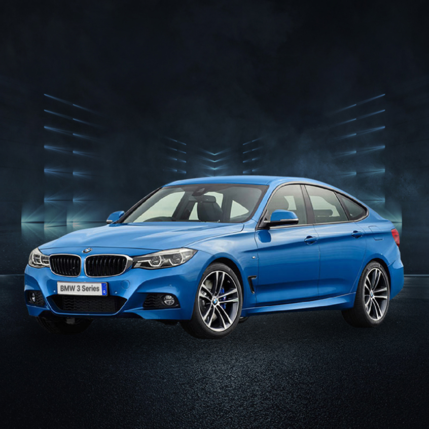 Blue BMW 3 Series sedan with sporty design and alloy wheels, studio front-side view.