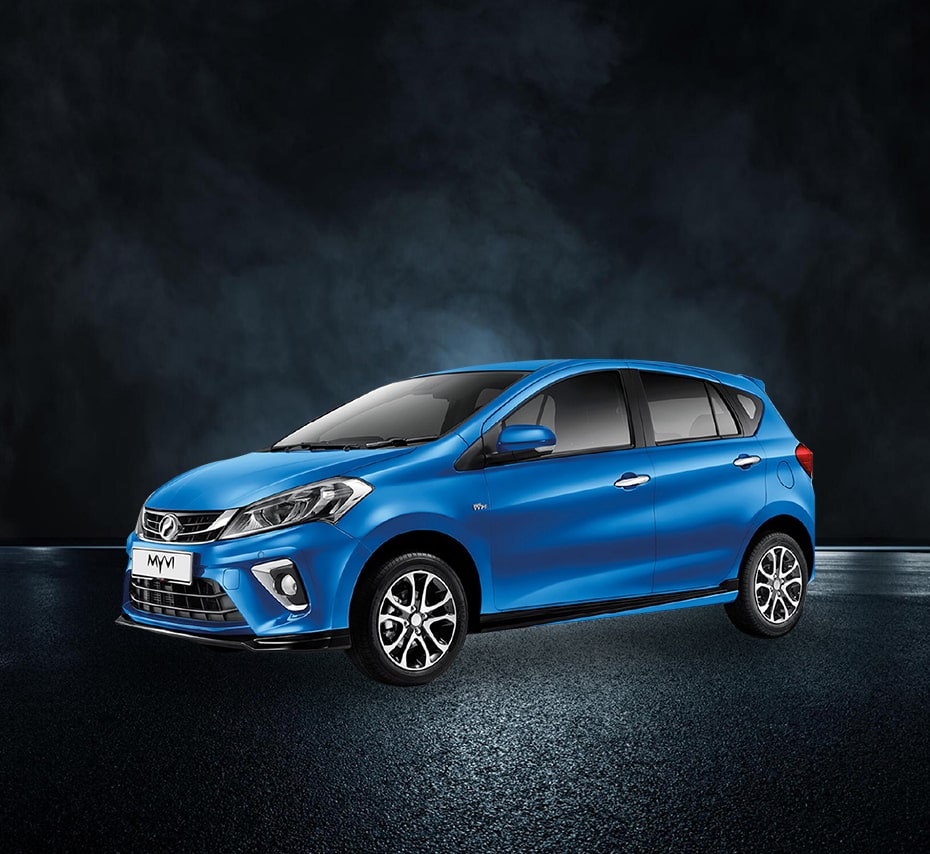 Blue Perodua Myvi hatchback car on a dark studio background, front-side view.
