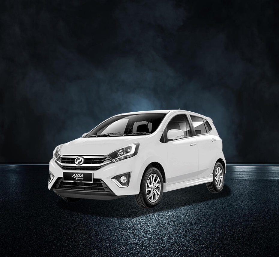 White Perodua Axia compact hatchback car on a dark studio background, front-side view.