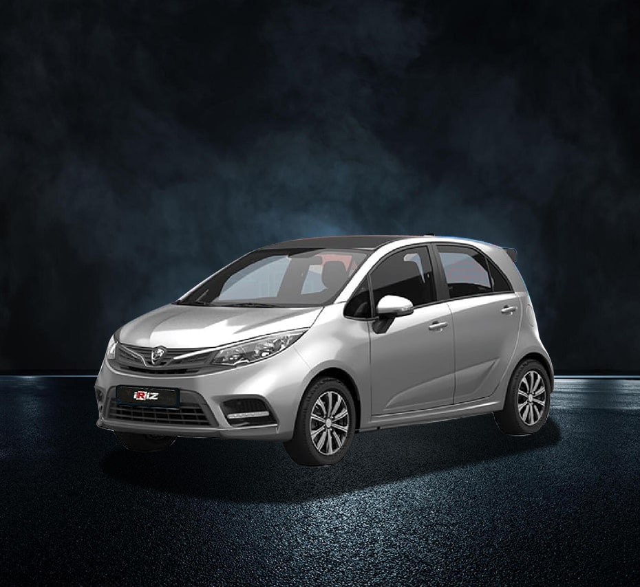 Silver Proton Iriz compact hatchback car on a dark studio background, front-side view.