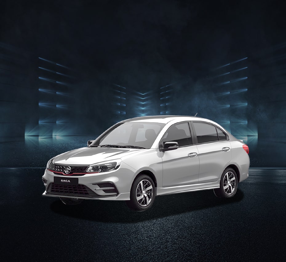White Proton Saga sedan in studio with dark futuristic background, front-side view and sporty red-accented grille.