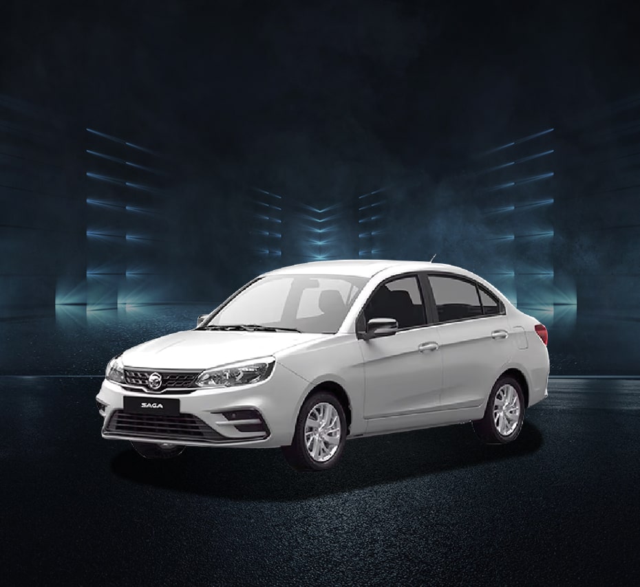 White Proton Saga sedan in studio with futuristic dark background, front-side view.