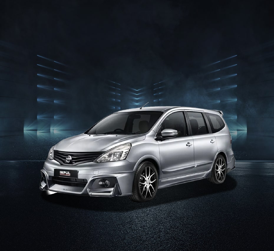 Silver Nissan Grand Livina IMPUL MPV with body kit and black rims, studio front-side view.
