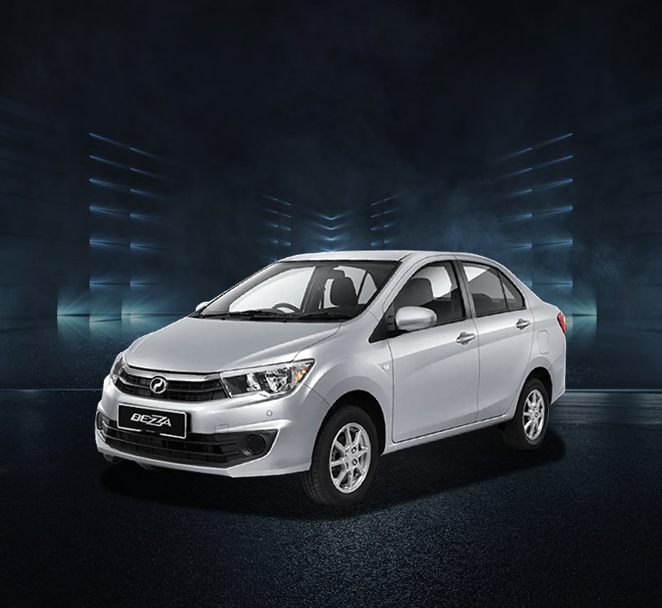 Silver Perodua Bezza sedan in studio with futuristic dark background, front-side view.
