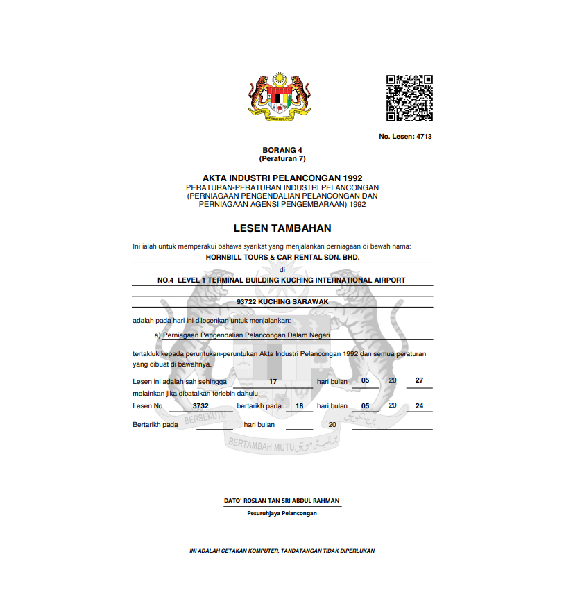 Tourism license for Hornbill Tours at Kuching Airport, valid until May 2027.