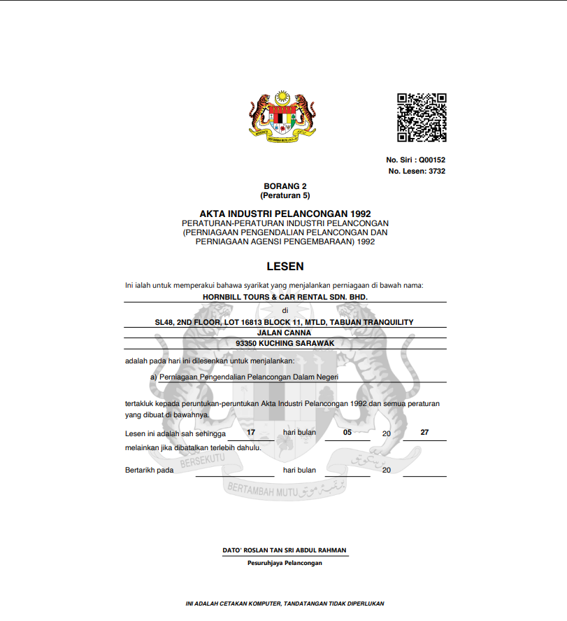 Tourism license for Hornbill Tours at Tabuan Tranquility, Kuching, valid until May 2027 under Malaysia’s Tourism Act 1992.